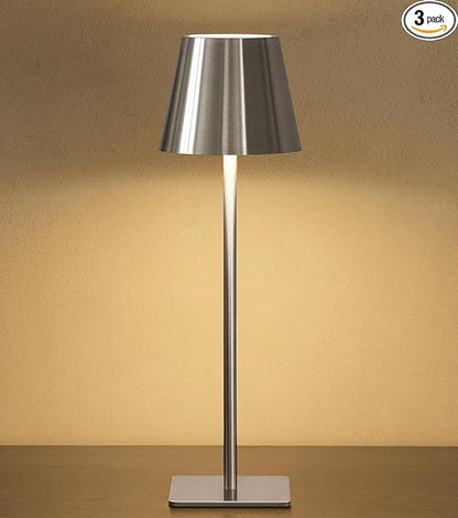 UME Cordless Table Lamp, Battery Operated Lamp - Portable Waterproof Rechargeable Table Lamp w/ 3 Color Temps & Stepless Dimming for Dinner, Desk, Cafe, Outdoor (Brushed Silver)