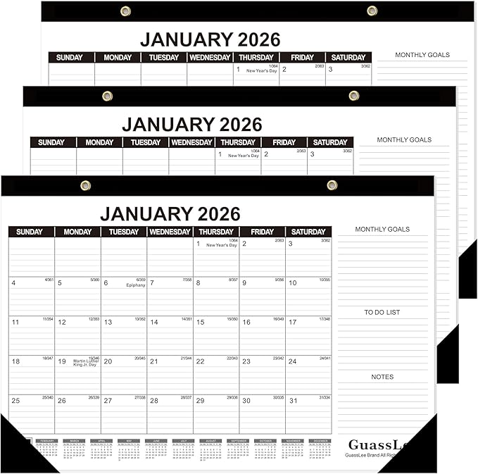 GuassLee Desk Calendar 2026, 3 Packs, 18 Months Calendar 17" × 11.5" Desk Calendar from Jan. 2026 to Jun. 2027 with Julian Date, To-do List, Notes, Monthly Goals, for Home School Office