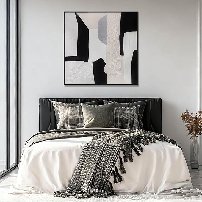 LEVERUP Black and White Square Geometric Pattern Wall Artwork Modern Painting Posters Abstract Wall Decor for Dining Room Bedroom Kitchen 32×32 Inchs