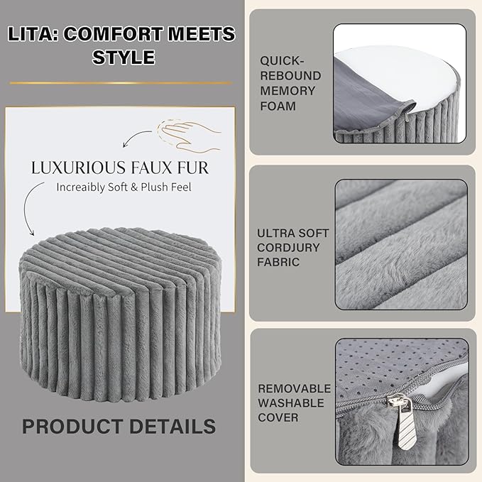 LITA Round Stuffed Pouf Ottoman, Corduroy Poufs with High-Density Foam Filling and Washable Cover, Furry and Fluffy Bean Bag Foot Stools Ottoman for Living Room, Bedroom, Office, Grey, Round
