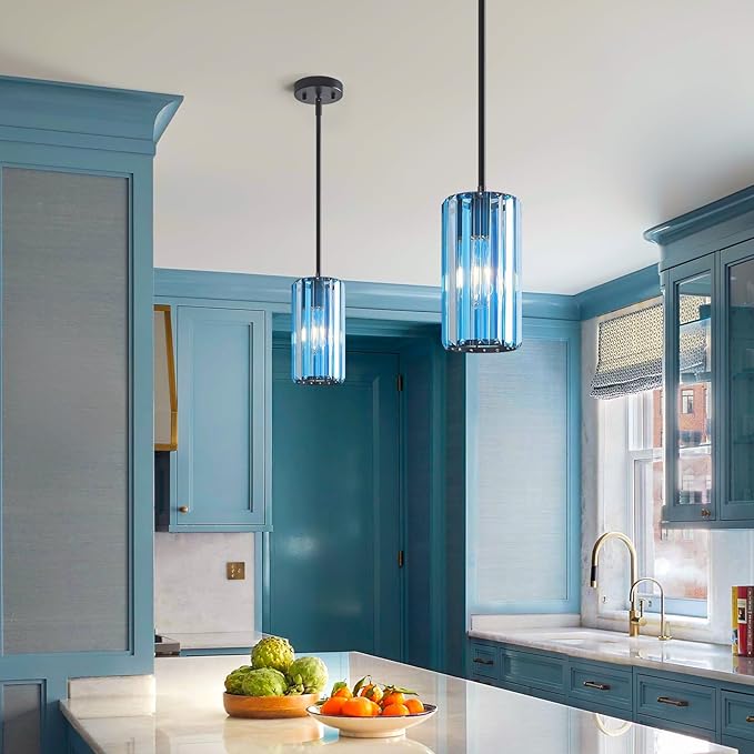 Modern Crystal Pendant Light Mini Light Blue Chandeliers Adjustable Pendant Lights Fixture for Kitchen Island Dinning Room Corridor Bedroom(Light Blue 1-Pack)