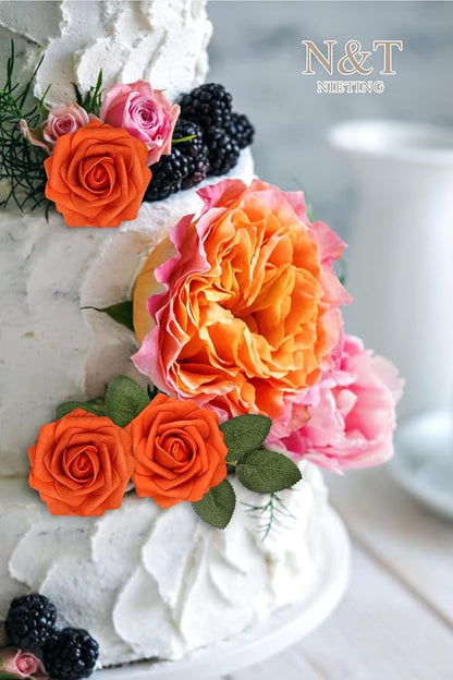 N&T NIETING Artificial Flowers, Fake Flowers Burnt Orange Roses Perfect for DIY Wedding Bridal Bouquets Centerpieces Bridal Shower Party Home Flower Arrangement Decorations, 50Pcs