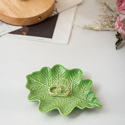 Ceramic Jewelry Tray Trinket Dish, Jewelry Dish for Women, Oak Leaf Ceramic Plate, Ring Dish Holder for Earrings Necklace Organizer, Mother's Day Christmas Birthday Gift