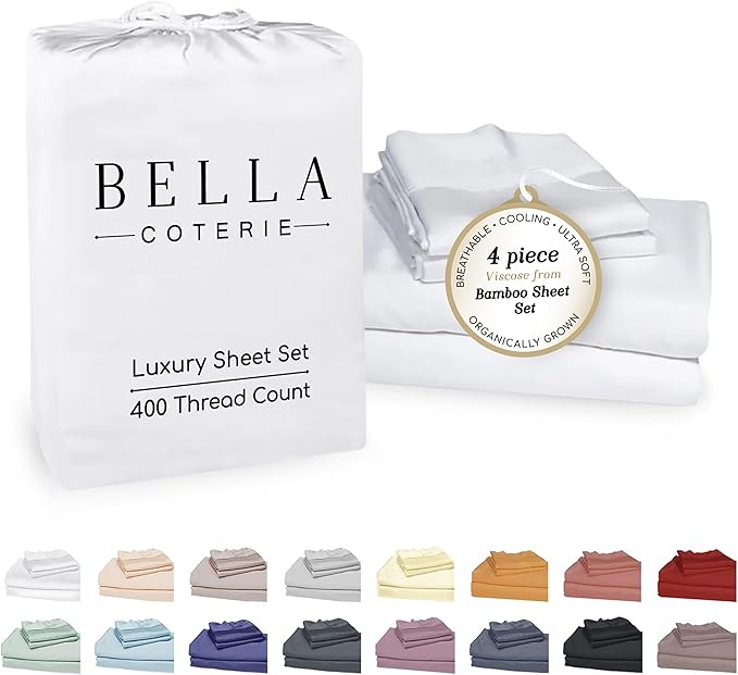Bella Coterie Luxury Bamboo Viscose Full Size Sheet Set | 100% Organically Grown | Ultra Soft | Cooling for Hot Sleepers | 18" Deep Pocket [White]
