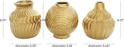 Deco 79 Ceramic Abstract Decorative Vase Small Textured Centerpiece Vases with Varying Shapes and Patterns, Set of 3 Flower Vases for Home Decoration 5" W, 6" H, Gold