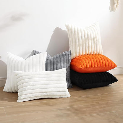 decorUhome Faux Fur Spring Throw Pillow Covers 20x20 Set of 2, Decorative Soft Plush Striped Neutral Couch Pillow Covers with Velvet Back for Sofa, Bed, Living Room Home, Black