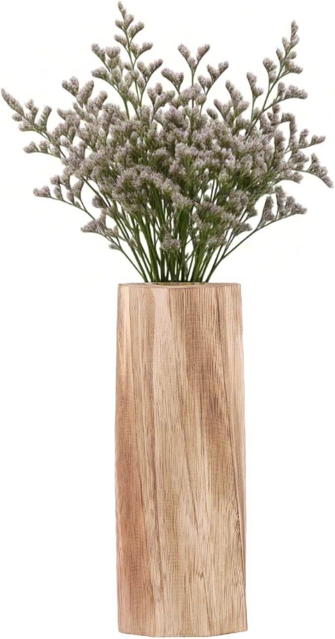 Handcrafted Natural Wood Vase | Eco-Friendly Home Decor | Unbreakable Rustic Flower Vase for DIY Painting | 9.5" Wooden Decorative (Rhombus Shallow-Fired)