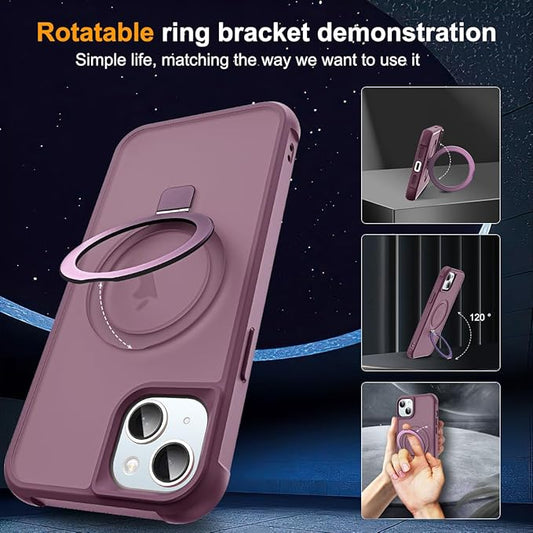 Compatible with iPhone 15 Case with Invisible Magnetic O-Ring Stand Military-Grade Translucent Case for iPhone 15 6.1" [Compatible with Mag-Safe][Great Grip Feeling], Wine Red