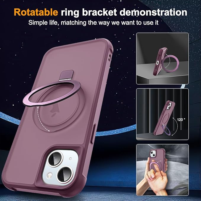 Compatible with iPhone 15 Plus Case with Invisible Magnetic O-Ring Stand Military-Grade Translucent Case for iPhone 15 Plus 6.7" [Compatible with Mag-Safe][Great Grip Feeling], Wine Red