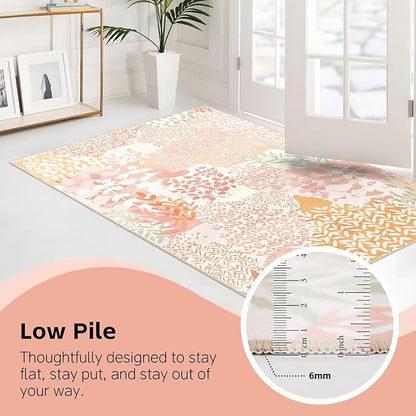DEXDE 5x7 Area Rugs, Washable Non-Slip Abstract Boho Soft Rug for Living Room Bedroom,Leaves Floral Print Large Carpet for Entryway Playroom Office, Pink