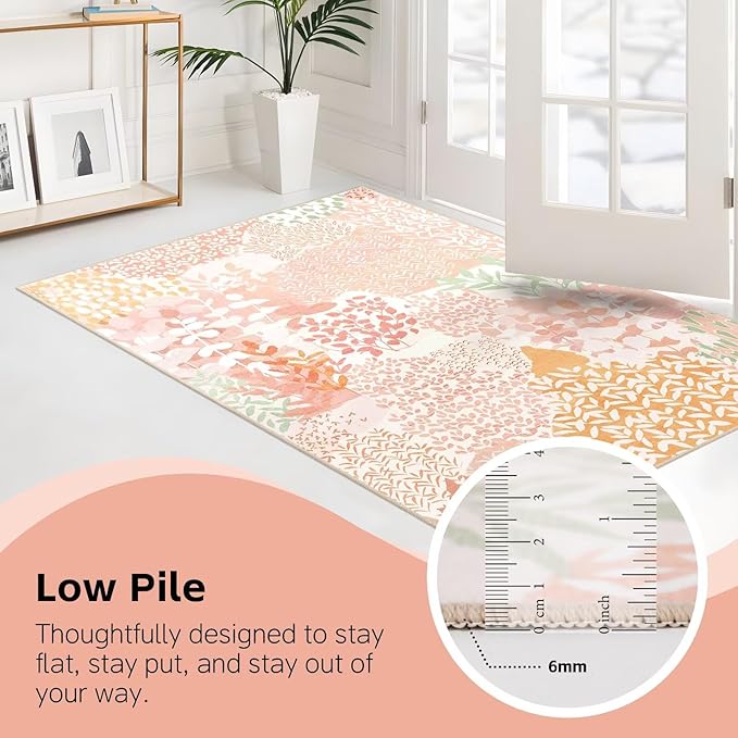 DEXDE 8x10 Area Rug, Soft Washable Abstract Area Rugs Non-Slip Vintage Boho Rug Leaves Floral Print Carpet for Living Room Bedroom Office Dining Room Playroom, Pink