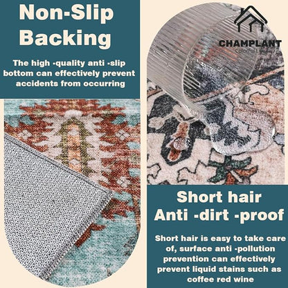 Washable Vintage Area Rug 6'x9' Boho Beige Blue Chic Medallion Distressed Design Non-Shedding Easy Care Ideal for High Traffic Areas in Living Room Bedroom Kitchen Office Large Carpet