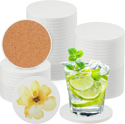 GNIEMCKIN 50 Pieces 3.54 Inch Round Blank Ceramic Coasters, Unglazed Ceramic Tiles Coasters with Cork Backing Pads for Painting, DIY Crafts, Circular, White.
