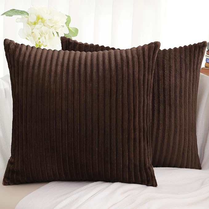 Simmore Decorative Spring Throw Pillow Covers 18x18 Set of 2, Soft Natural Plush Flannel Double-Sided Fluffy Couch Pillow Covers for Sofa Living Room, Brown