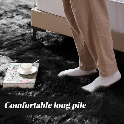 Black Fluffy Faux Sheepskin Washable Fur Area Rugs for Bedroom Living Room Small Shag 2x4 Furry Nursery Rug