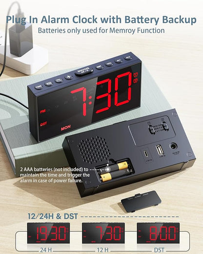 RGB Digital Alarm Clock for Bedroom, Dual Alarms ,Weekday/Weekend/Everyday Mode, 7 Dimmer,5 Volume,2 Charging Ports, 9-min Snooze,Memory Function,Plug in Desk Clock Large Display for Kids/Teens