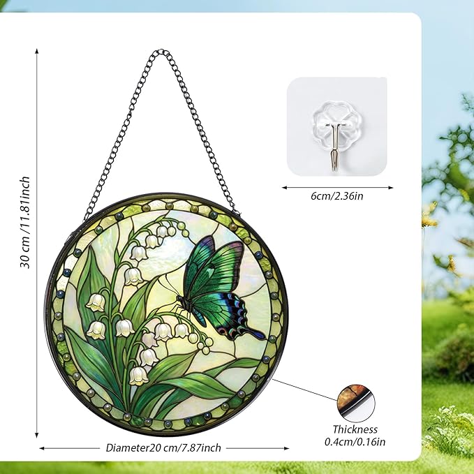 Rngmsi Stained Glass Window Hanging, 7.8″ Lily of The Valley Butterfly Sun Catchers Indoor Window Decor, Decorative Suncatchers Hanging Ornaments Home Garden Art Gift for Housewarming