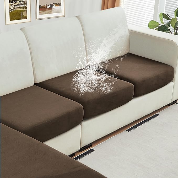 NAISI Waterproof Couch Cushion Covers Thick Velvet Fabric Washable Sofa Slipcovers 3 Pieces Individual Sectional Couch Covers with Elastic Bottom(3 Pcs for 3-Seat or Backrest,Caramel)