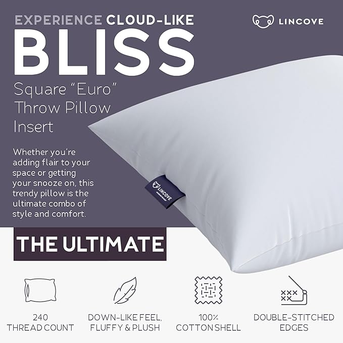 Lincove Euro Throw Pillow Insert Square 16"x16" Pillow – Made in Canada, 100% Cotton Shell, Down Alternative Filling, Vegan-Friendly, Hypoallergenic - Decorative Couch Pillows, 2 Pack