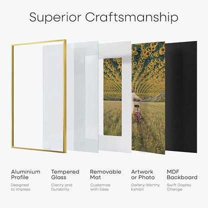 Homeforia 17x24 Picture Frame Gold, High End Metal 17x24 Poster Frames with Mat 13x19 Photo, 17 x 24 Gold Frame Matted to 13 by 19 Print, 24by17 Thin Hanging Frames, Tempered Glass, Wall Kit, Set of 1
