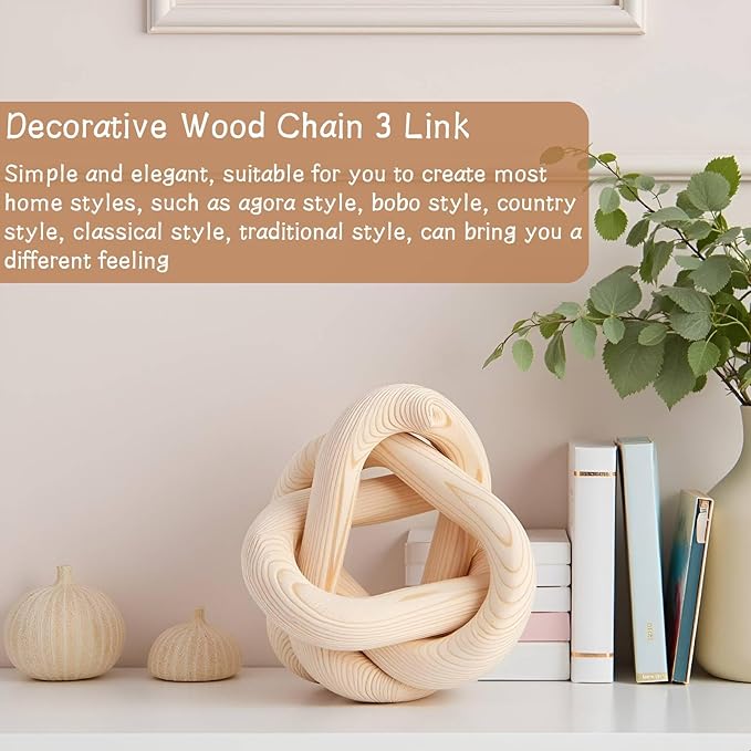 Wood Knot Decor for Coffee Table, 3 Link Wood Knot Decor Decorative Wooden Chain Link for Modern Farmhouse Home Living Room Bedroom Shelf Decoration
