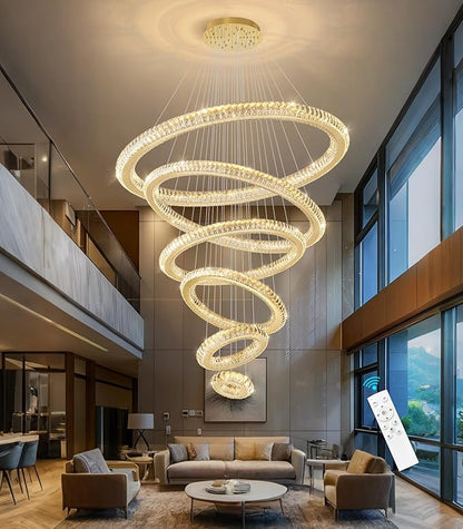 Modern Chandelier 8"+16"+24"+32"+40"+47" 6 Rings Crystal LED Dimmable Lighting Foyer Entryway High Ceiling Living Room Chanderliers Pendant Lights Fixtures Gold Light
