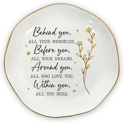 OASSIE Christmas Graduation Gifts for Women - 4"x4" Round-Shaped Ceramic Jewelry Dish Tray - Thank You Inspirational College High School Graduation Gifts for Her Friend Sister, Decorative Trinket Dish