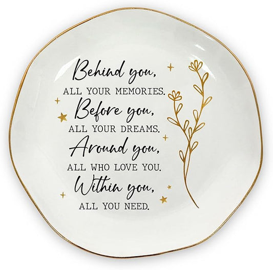 OASSIE Christmas Graduation Gifts for Women - 4"x4" Round-Shaped Ceramic Jewelry Dish Tray - Thank You Inspirational College High School Graduation Gifts for Her Friend Sister, Decorative Trinket Dish