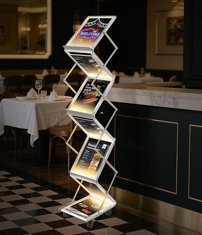LED Magazine Rack Floor, Sleek Brochure Display with LED Message Writing Board, Mobile Magazine Holder for Trade Shows/Exhibition/Office/Restaurant/Menu Sign with Pens