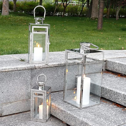 TRIROCKS Stainless Steel Lantern Set of 3, 19" Tall Metal Hanging Lanterns with Clear Glass Panels, Indoor & Outdoor Home Decor for Living Room, Tabletop, Parties & Events - Silver Finish