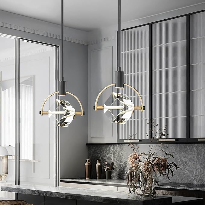 Pendant Ceiling Light Fixture for Kitchen Island, Dimmable Modern Integrated LED Hanging Light, Crystal Pendant Light in Black Gold Finish, Bedroom, Dining Room (1-Lights)