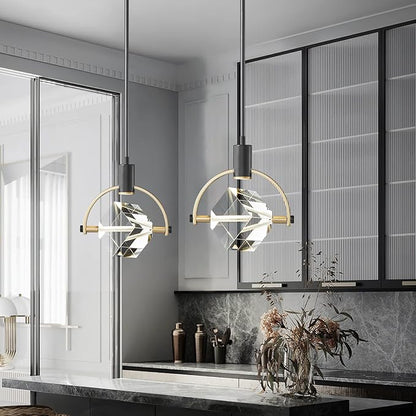 Pendant Ceiling Light Fixture for Kitchen Island, Dimmable Modern Integrated LED Hanging Light, Crystal Pendant Light in Black Gold Finish, Bedroom, Dining Room (1-Lights)