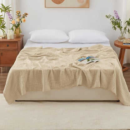 Love's cabin 6 Layer 100% Cotton Muslin Blanket, 108"x90" Muslin King Size Blanket for Bed Couch, Lightweight and Breathable Cotton Gauze for Adult, Khaki