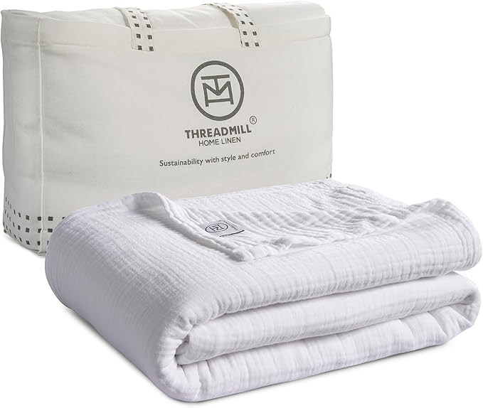 Threadmill Summer Muslin King Size Blanket | 4 Layer 100% Cotton Gauze Blanket | Lightweight, Soft, and Breathable Muslin Blanket for All Seasons | White