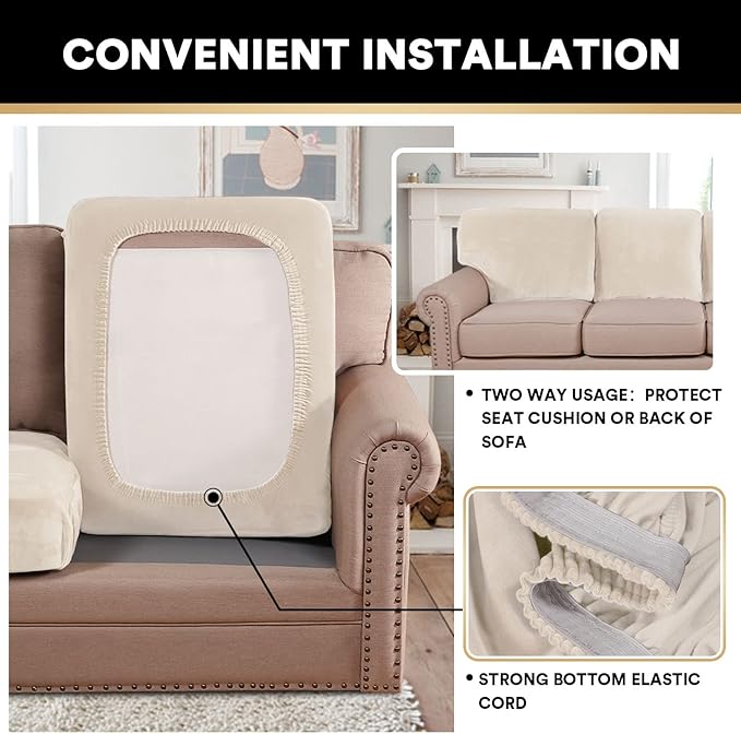 PrinceDeco Stretch Velvet Couch Cushion Covers for Individual Cushions Sofa Cushion Covers Seat Cushion Cover, Sofa Covers Washable, Cushion Sofa Covers for Sectional Couch - Ivory