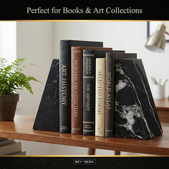 Bey-Berk White Triangular Marble Bookends – Heavy-Duty Wedge Design, Modern Office and Bookshelf Organizer