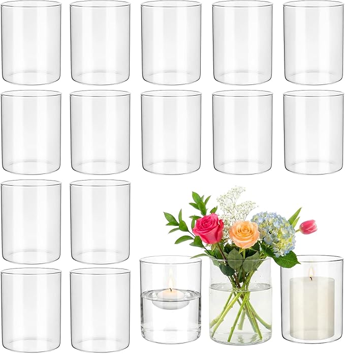 16 Pcs Glass Cylinder Bud Vases for Centerpieces, Birthday Party Wedding Centerpiece Table Decorations, 4 Inch Small Cylinder Living Bud Vases in Bulk for Flowers Pillar Candles Floating Candles