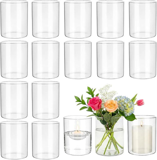 16 Pcs Glass Cylinder Bud Vases for Centerpieces, Birthday Party Wedding Centerpiece Table Decorations, 4 Inch Small Cylinder Living Bud Vases in Bulk for Flowers Pillar Candles Floating Candles