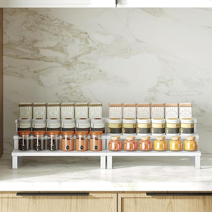 Spice Rack, Wooden Display Riser Stand, Set of 2, Vanity Display Stand, Perfume Organizer, Tiered Countertop Organizers, Space Saving, for Kitchen Spices,Syrup, Coffee Mugs, White SR03L2WW