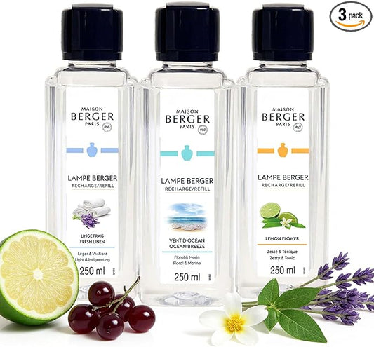 MAISON BERGER – Lampe Berger Fragrance Trio Refill, Fresh – Home Fragrance Oil for Catalytic Diffuser, Odor-Neutralizing Air Freshener – 3 x 8.45 fl oz / 250 mL – Made in France