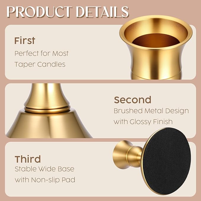 24PCS Brass Gold Taper Candle Holders Set, Vintage Metal Candlestick Holders for Table Centerpiece, Wedding Reception, Festive Christmas Mantel Decoration or Home Decor Gold