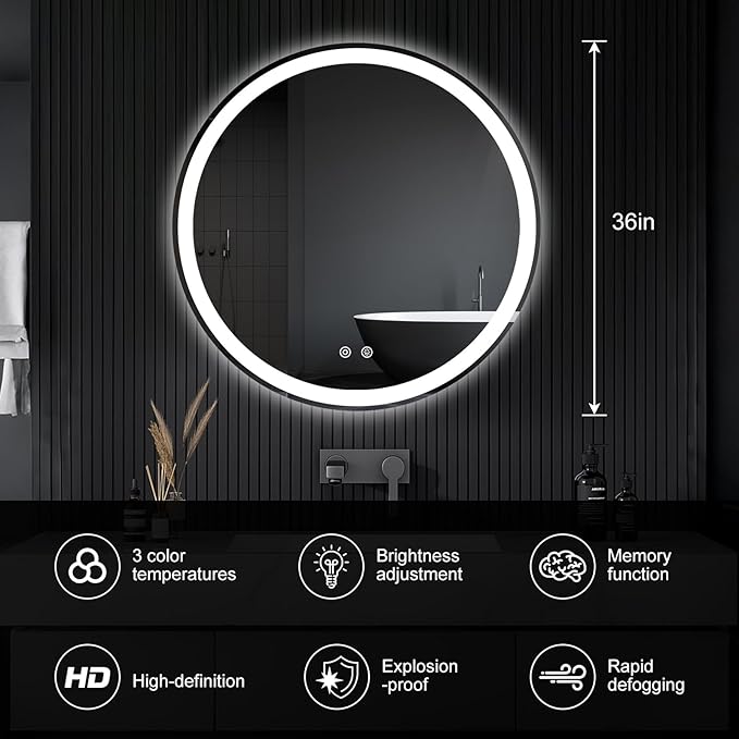 Sweetcrispy 36 Inch Round LED Bathroom Mirror with Lights, Circle Vanity Mirror with Anti-Fog, Dimmable, 3-Color Light, Memory Function, Tempered Glass