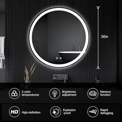 Sweetcrispy 36 Inch Round LED Bathroom Mirror with Lights, Circle Vanity Mirror with Anti-Fog, Dimmable, 3-Color Light, Memory Function, Tempered Glass