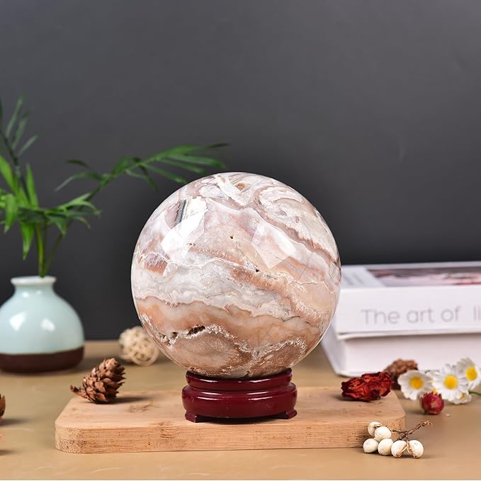 JIC Gem Extra Large Pink Agate Crystal Sphere,Decorative Crystal Ball Pink Gemstone Sphere for Meditation,Office Table Decorations 110-120mm