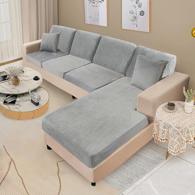 NAISI Sectional Couch Covers 8 Pieces Velvet Couch Cushion Covers L Shape Soft Stretch Sofa Slipcovers with 2pcs Pillowcases for Left/Right Chaise Sectional Couch(3 Seater+1 Chaise+4 Back,Light Grey)