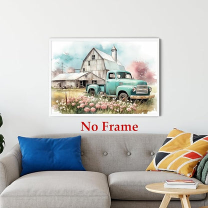 Blue Truck Poster Rustic Landscape Painting Farmhouse Tractor Wall Art Country House Painting Farmhouse Barn Picture Old Tractor Canvas Wall Art Old Barn Poster Blue Farmhouses Picture 16x24in No Frame