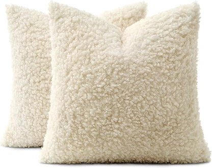 MIULEE Pack of 2 Throw Pillow Covers 18x18 Inch Neutral Cream White Faux Fur Decorative Sherpa Pillow Covers Fuzzy Accent Soft Sheepskin Fleece Cushion Cases for Boho Home Decor Couch Living Room Bed