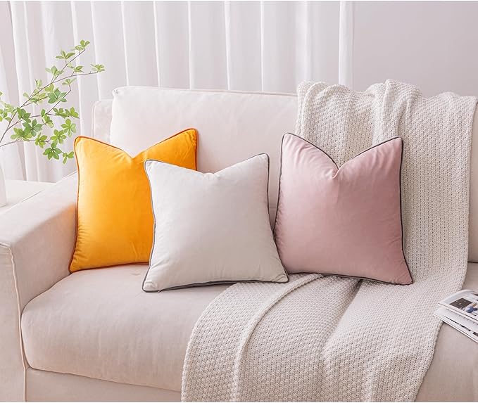 LIGICKY Pink and Cream White Velvet Throw Pillow Covers 18x18 inch, Set of 2 Modern Double-Sided Design, Soft Square Decorative Cushion Cases with Grey Rope Edging for Home Decor