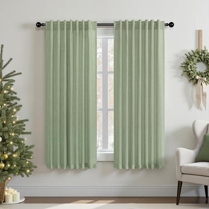 Sage Green Curtains 38 Inch Width for Kitchen Doors 2 Panels Back Tab Rod Pocket Linen Cafe Tier Light Filtering Short Sheer Light Green Curtains for Bathroom Laundry Farmhouse Decor Wide 38x45 Length