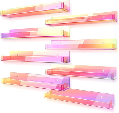 8 Pack 15 Inch Iridescent Acrylic Shelves, Clear Rainbow Kids Floating Bookshelf for Kids Room, Modern Sunglasses Essential Oil Picture Ledge Display Toy Storage Wall Shelf